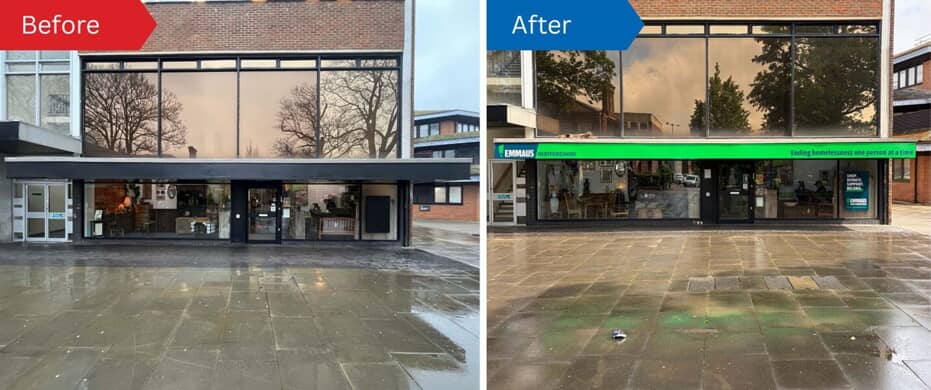 Before and after comparison of updated green and dark grey Emmaus Hertfordshire directional shop entrance sign.